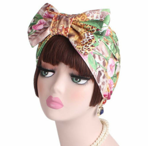 Women’s 1960 60' Floral Turban Headband with Bow - Retro Chic Hair Wrap Animal leopard Turban