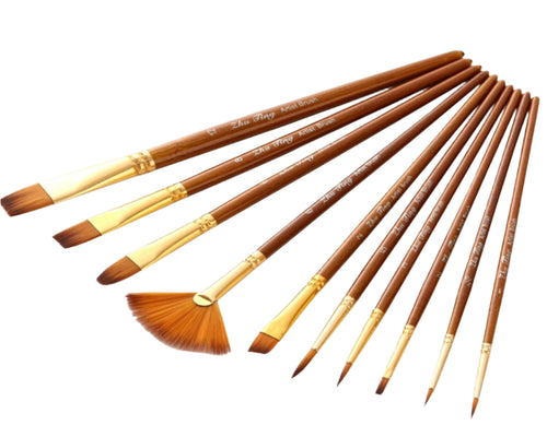 10PC Wooden Artist Paint Brush Set - Acrylic, Watercolor & Oil Painting