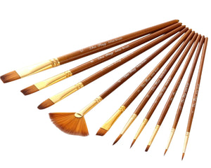 10PC Wooden Artist Paint Brush Set - Acrylic, Watercolor & Oil Painting